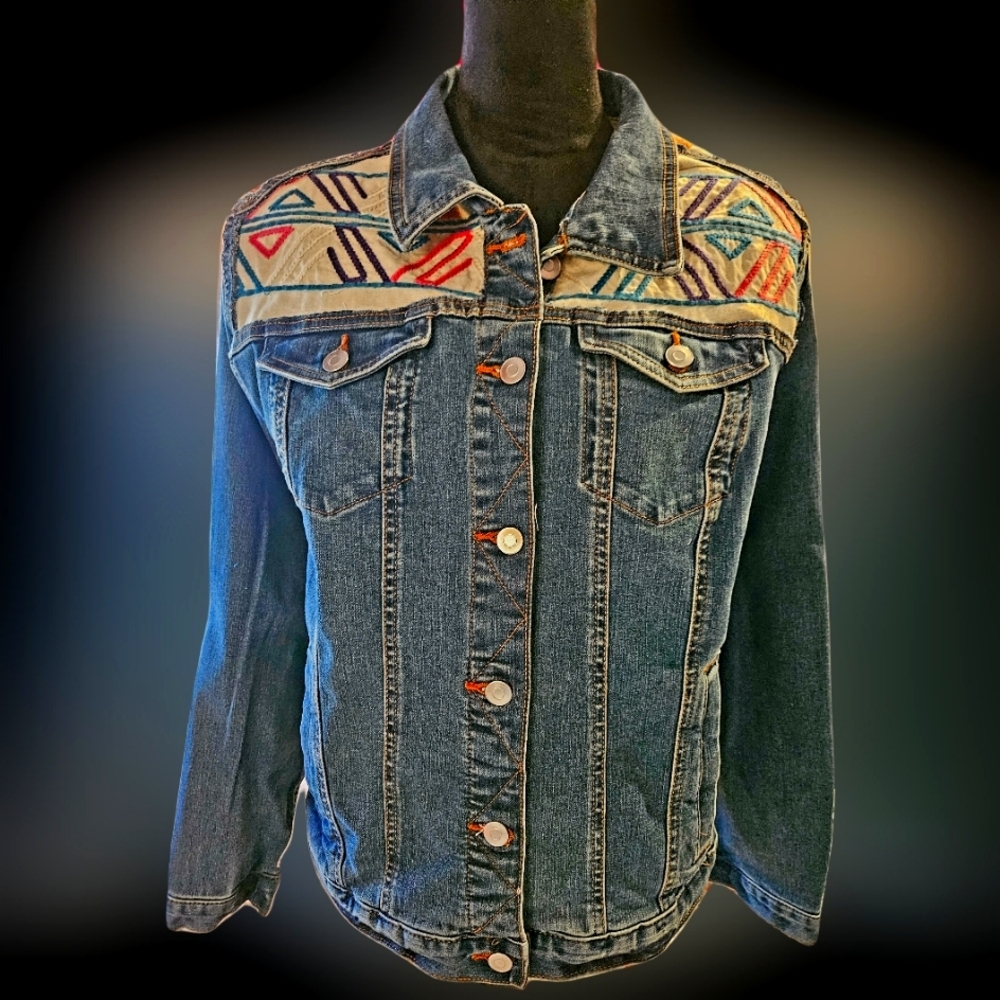 NWT UPCYCLED "Time & Tru" Classic Textile Embroidered Denim Jacket Sz-XL